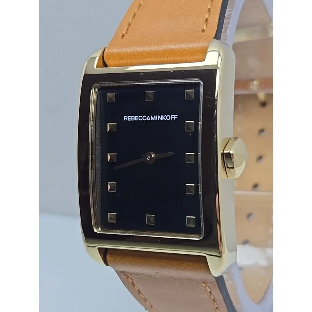 Rebecca Minkoff Womens Black Dial Tank Dress Watch New Battery Gold Tone Leather